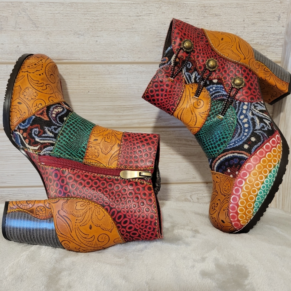 Socofy Multicolor Red, Green, Orange, Ankle Boots, Sz 39 or US Size 8.5, Ne